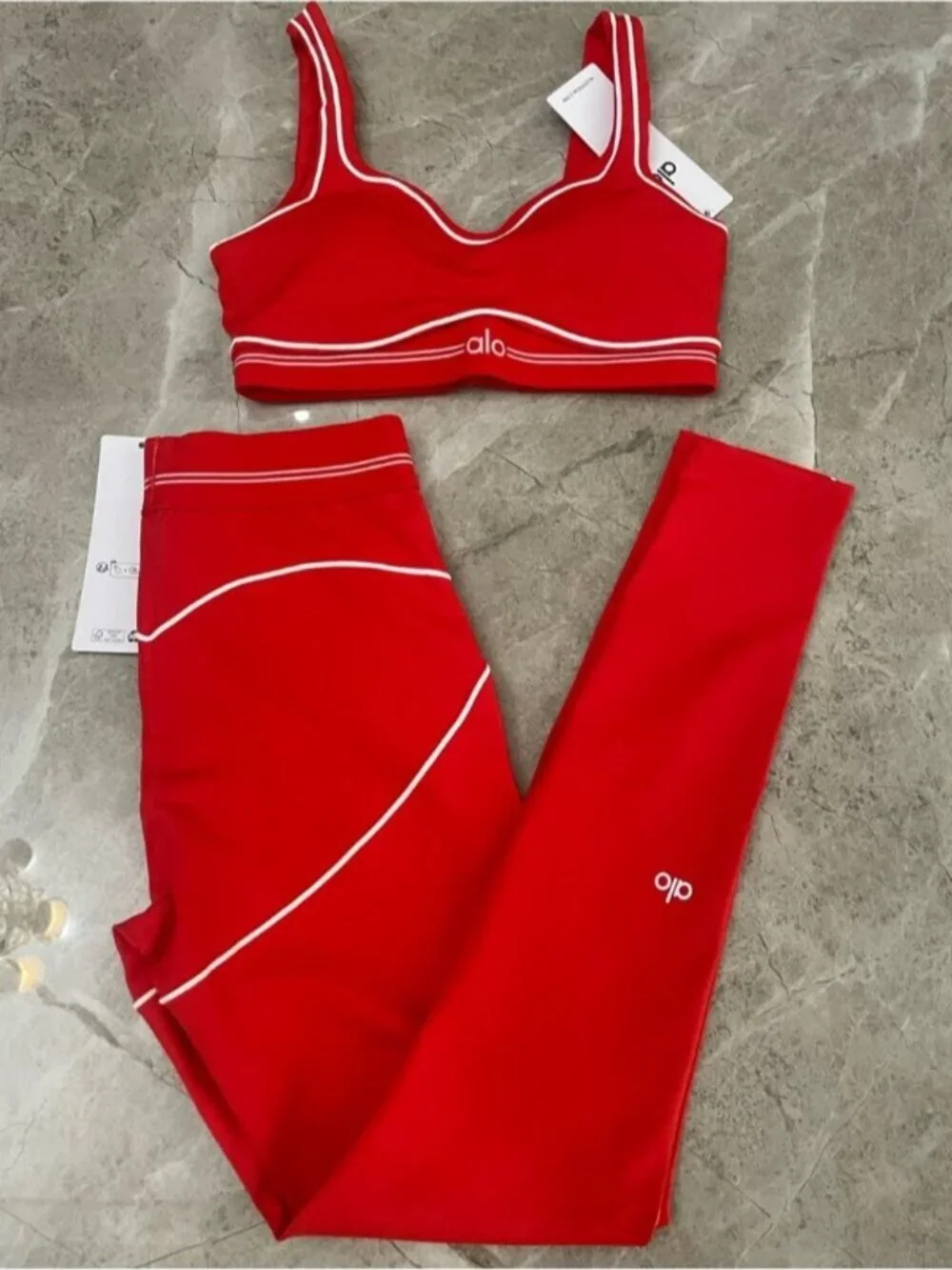 ALO Yoga Red Sports Bra and High-Waist Leggings Set with White Trim
